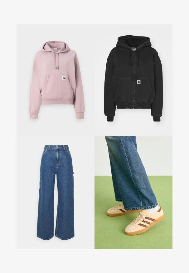 Carhartt WIP ACTIVE JACKET - Blusão aviador - black stone washed; Hoodie rosa claro feito de uma mistura de algodão suave, com um grande bolso frontal, capuz com cordão e punhos canelados. Design simples com uma etiqueta de logotipo.; Calças de ganga azuis de perna larga com cintura alta, costuras em contraste e bolsos laterais, apresentando um design clássico de cinco bolsos e bainhas desfiadas.; Tenis bege com painéis texturizados em creme e riscas castanhas, combinados com jeans de ganga azul. Os jeans têm um corte largo e uma bainha desfiada.