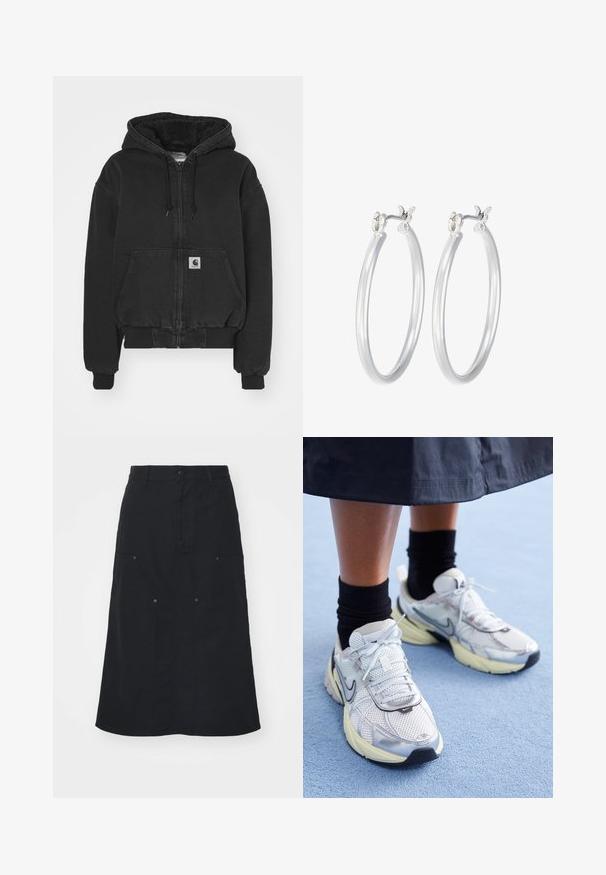 Carhartt WIP ACTIVE JACKET - Bomberjacke - black stone washed; Weißes geripptes Langarmoberteil mit Rundhalsausschnitt. Aus einem dehnbaren Stoff gefertigt, der den Körper umschmeichelt. Verfügt über dezente horizontale Streifen.; Schwarzer Rock aus Baumwolle, mit einer Vorderknopfleiste, zwei großen Taschen und einer geraden Silhouette. Sanfte Textur.; Weiße und silberne Nike-Sneaker aus Mesh-Gewebe, mit reflektierenden Akzenten und einer beigen Sohle. Getragen mit schwarzen Socken und stehend auf einer blauen Fläche.; Silberne Creolen mit einer glatten, polierten Oberfläche. Runder Form und sicherem Klickverschluss. Leichtes Design, geeignet für den täglichen Gebrauch.