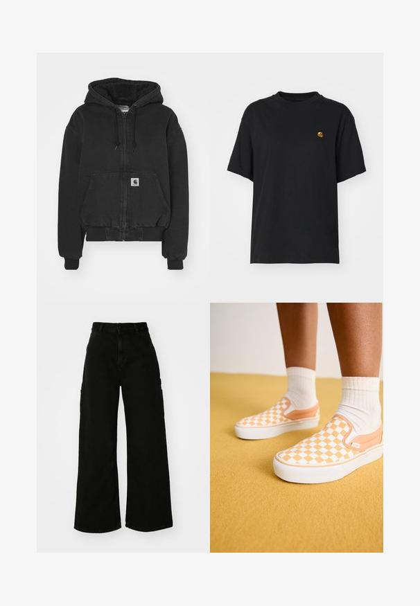 Carhartt WIP ACTIVE JACKET - Bomber Jacket - black stone washed; Black cotton t-shirt with a relaxed fit. Features a round neck and short sleeves. Includes a small gold embroidered logo on the chest.; Black wide-leg cargo pants made of denim, featuring a high waist, front button closure, and side pockets. Smooth texture with minimal stitching.; Vans CLASSIC SLIP-ON PLATFORM - Trainers - apricot