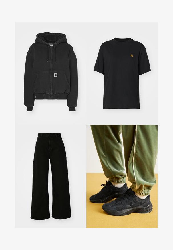 Carhartt WIP ACTIVE JACKET - Bomber dzseki - black stone washed; Fekete pamut póló laza szabással. Kerek nyakkal és rövid ujjakkal rendelkezik. A mellkason egy kis arany hímzett logó található.; Fekete, bő szárú cargo nadrág, denim anyagból, magas derékkal, elülső gombos záródással és oldalsó zsebekkel. Sima textúra minimális varrással.; Fekete sportcipők hálós és szintetikus borítással, texturált talppal, zöld, rugalmas mandzsettájú melegítőnadrággal, sárga felületen.