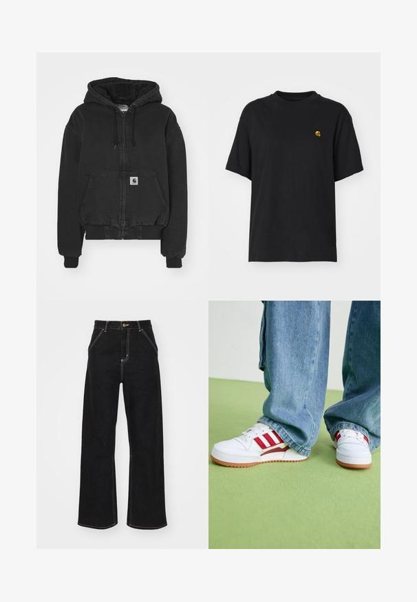 Carhartt WIP ACTIVE JACKET - Bomber-jakk - black stone washed; Must must särk lõdva lõikega. Omab ümmargust kaelust ja lühikesi varrukaid. Rinnal on väike kuldne tikandiga logo.; Mustmustest mustadest denimist, millel on kontrastsed valged õmblused ja esine nupp, kahe nurga all asuva esipocketiga.; Valged sneakers punaste triipude ja detailidega, tekstureeritud kummitaldede ning pehmendustega kraega, kombineeritud lõdva sinise teksapüksiga. Roheline taust.