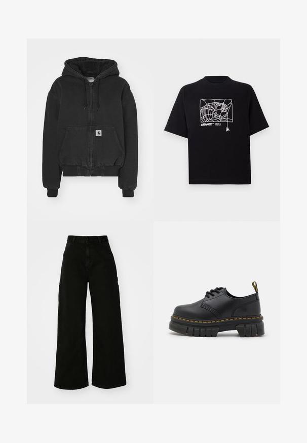 Carhartt WIP ACTIVE JACKET - Bombejakke - black stone washed; Svart T-skjorte laget av bomull med korte ermer. Har et hvitt edderkoppnett grafikk og logo på fronten. Enkel rund hals.; Svart vide ben cargo bukser laget av denim, med høy midje, front knappestenging og sidelommer. Glatt tekstur med minimal søm.; Sorte skinnsko med en tykk, teksturert såle. Funksjoner inkluderer gul søm, avrundet tå og en løftestrop på hælen.