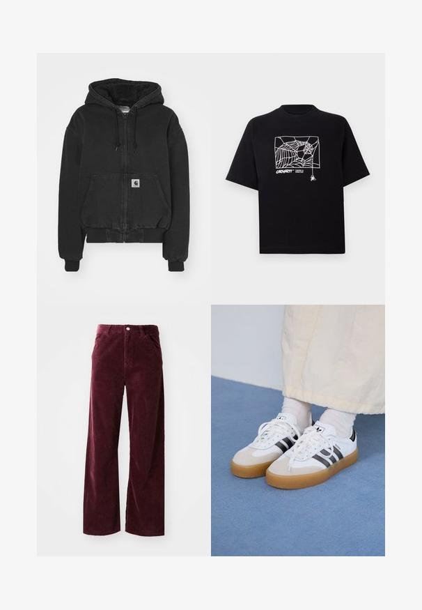 Carhartt WIP ACTIVE JACKET - Bomberjacke - black stone washed; Schwarzes T-Shirt aus Baumwolle mit kurzen Ärmeln. Mit einem weißen Spinnennetz-Graphic und Logo auf der Vorderseite. Einfacher runder Ausschnitt.; Burgunderfarbene Cordhosen im weit geschnittenen Design, mit Vordertaschen, Knopfverschluss und durchgehend gerippter Textur.; Weiße Sneaker mit schwarzen Streifen und beigen Wildlederakzenten. Besitzen eine strukturierte Gummisohle und flache weiße Schnürsenkel, getragen mit hellen Socken.