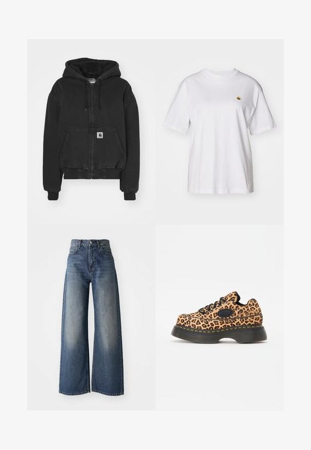 Carhartt WIP ACTIVE JACKET - Bombertakki - black stone washed; Valkoinen puuvillapaita rentoa istuvuutta, lyhyet hihat ja pieni kirjailtu logo vasemmassa rinta-alueessa.; Siniset korkeavyötäröiset leveälahkeiset farkut, joissa on etunappi ja taskut, haalistunut kangas reiden alueella ja suora helma.; Sneakerit, joissa on leopardikuosiset alustat, mustat nauhat, teksturoitu materiaali ja keltaista ommelta paksussa mustassa kumipohjassa.