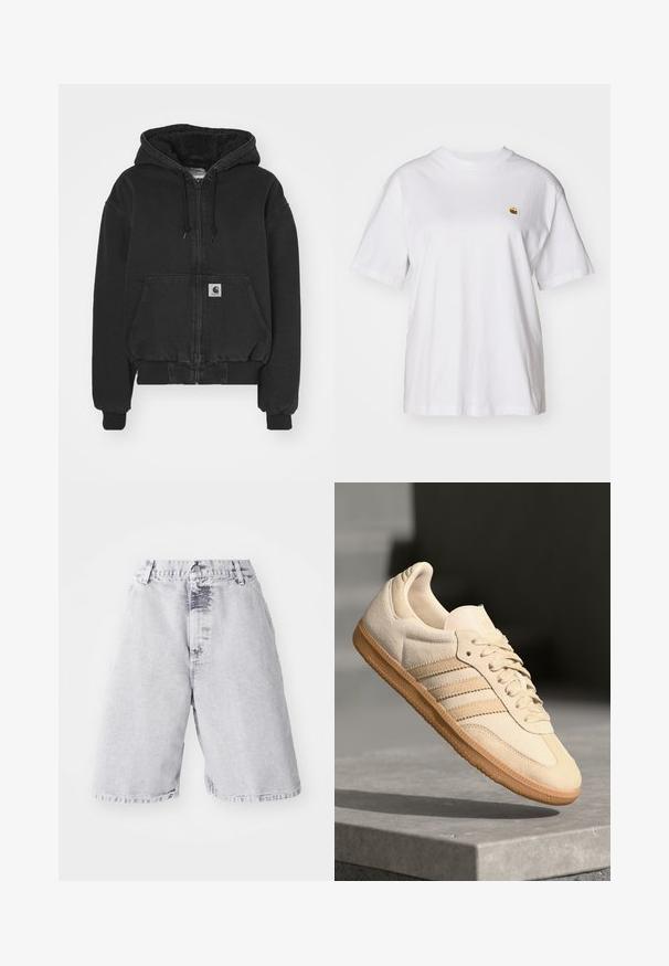 Carhartt WIP ACTIVE JACKET - Bomberjacks - black stone washed; Witte katoenen t-shirt met een relaxte pasvorm, korte mouwen en een klein geborduurd logo op de linkerborst.; Leren denim shorts in lichtgrijs met een vervaagde textuur. Voorzien van een knoop- en ritssluiting, riemlussen en een recht pasvorm.; Lichtbeige suède sneaker met een gumrubberen buitenzool, drie diagonale strepen en een textuur op de neus. Voorzien van een logo op de tong en de zijkant.