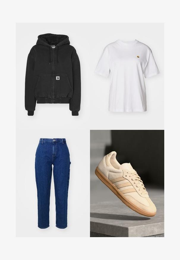 Carhartt WIP ACTIVE JACKET - Bombera - black stone washed; Biely bavlnený tričko s voľným strihom, krátkymi rukávmi a malým vyšitým logom na ľavej strane hrude.; Tmavomodré denimové džínsy s vysokým pásom, rovný strih, predným zapínaním na gombík a bočnými vreckami. Hladká textúra s miernym elastickým efektom.; Svetlo béžová semišová teniska s gumovou podrážkou, tromi diagonálnymi pruhmi a textúrovaným špičkovým krytom. Obsahuje logo na jazyku a boku.