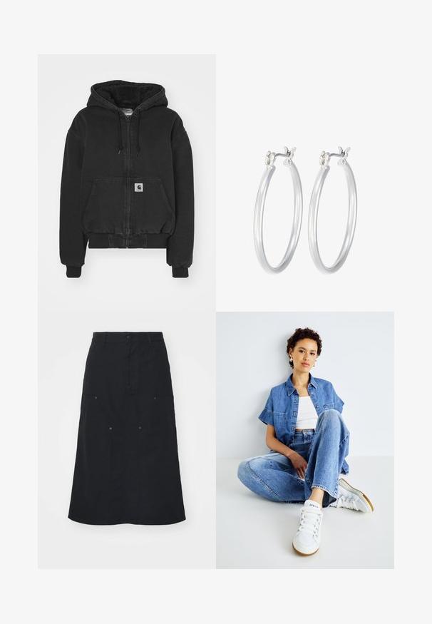 Carhartt WIP ACTIVE JACKET - Pilotska jakna - black stone washed; Izrezani rebrasti top u tamnoplavoj boji, s visokom izrezom i suptilnim Nike logom. Tkanina ima teksturiran i rastezljiv izgled.; Crna suknja od pamuka, s prednjim zatvaranjem na gumbe, dva velika detalja džepa i ravnim drugim siluetom. Glatka tekstura.; Dvoslojni traper komplet koji se sastoji od svijetloplavog kratkog krojenog shirt s kratkim rukavima i trapericama visokog struka. Uparen s bijelim tenisicama.; Srebrne kružne naušnice s glatkom, poliranom površinom. Okrugli oblik i sigurno kopčanje na klik. Lagani dizajn pogodan za svakodnevno nošenje.