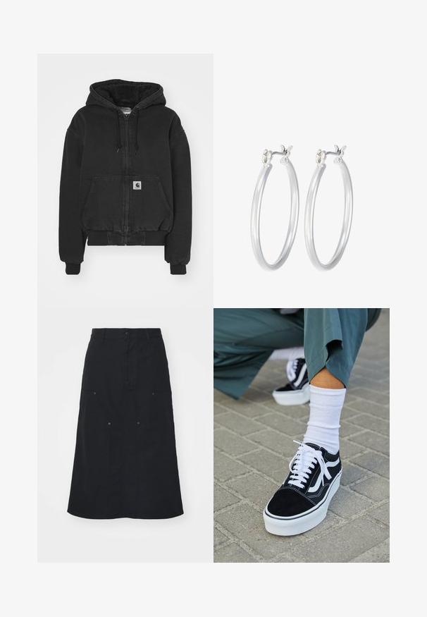 Carhartt WIP ACTIVE JACKET - Bomber Jacket - black stone washed; Cropped ribbed top in dark navy, featuring a high neckline and a subtle Nike logo. The fabric has a textured, stretchy appearance.; Black skirt made of cotton, featuring a front button closure, two large pocket details, and a straight silhouette. Smooth texture.; Black suede sneaker with white accents and laces, featuring a thick white sole and contrasting stitching, paired with a white sock.; Silver hoop earrings with a smooth, polished finish. Round shape and secure click-top closure. Lightweight design suitable for everyday wear.