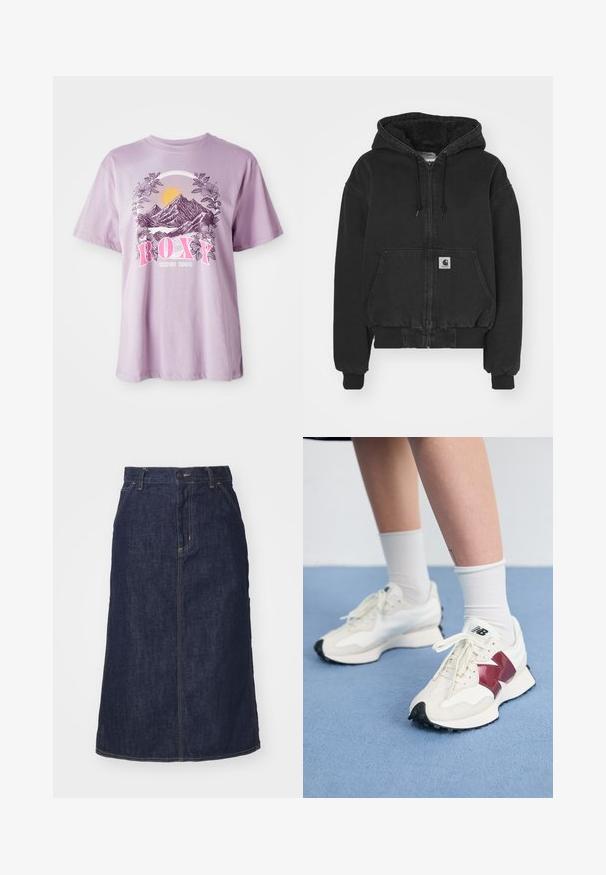 Carhartt WIP ACTIVE JACKET - Bomberjacks - black stone washed; Lilac T-shirt gemaakt van katoen, met een grafisch beeld van bergen, zon en bladeren. De merknaam "ROXY" is prominent weergegeven in het roze.; Donkere spijkerrok met een hoge taille, recht gesneden, voorzakken en gestikte naden. Voorzien van een rits en knoopsluiting op de taille.; Een paar witte sneakers met bordeauxrode accenten, getextureerde panelen, een platte zwarte buitenzool en lichte veters, gedragen met witte enkelsokken.