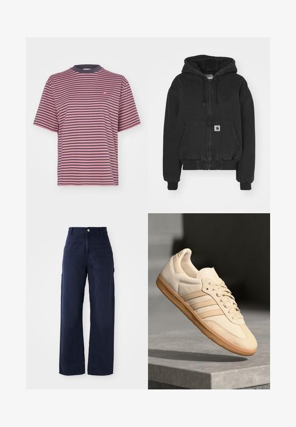 Carhartt WIP ACTIVE JACKET - Bomber Jacket - black stone washed; Carhartt WIP VERNER - Print T-shirt - graphite/dusty rose; Navy blue wide-leg cargo pants with a sturdy cotton fabric, featuring side pockets and a button closure at the waist.; Light beige suede sneaker with gum outsole, three diagonal stripes, and a textured toe cap. Features logo on the tongue and side.
