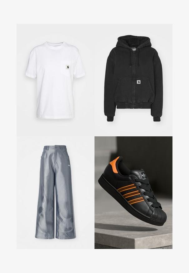Carhartt WIP ACTIVE JACKET - Blusão aviador - black stone washed; T-shirt branca de algodão com mangas curtas, decote redondo e um bolso no peito esquerdo com um rótulo de logótipo a preto e branco.; Calças de pernas largas em material cinza brilhante, com riscas brancas nas laterais e um padrão de chamas na parte inferior das pernas. Fecho com botão e fecho éclair na cintura.; Sapatilha preta com detalhes laranja, três riscas horizontais, parte superior em couro texturizado, bico de borracha e atacadores pretos.