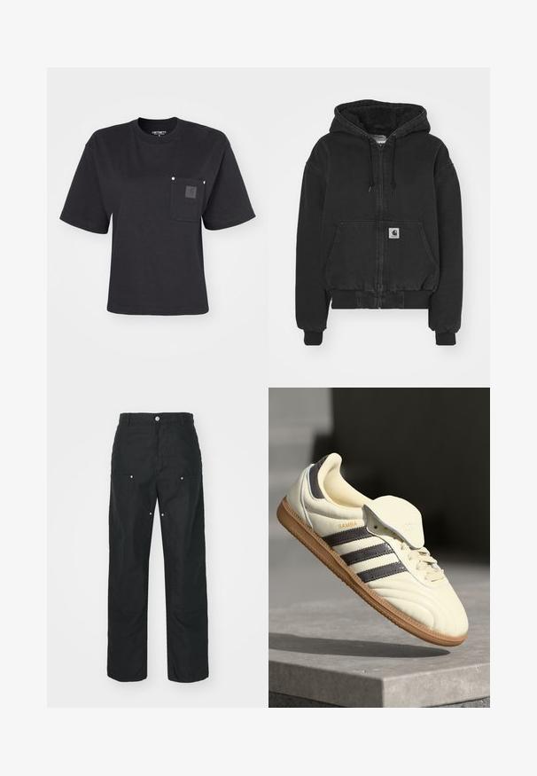 Carhartt WIP ACTIVE JACKET - Bomberjacke - black stone washed; Schwarzes Baumwoll-T-Shirt mit kurzen Ärmeln, Rundhalsausschnitt und einer Brusttasche mit einem Patch-Logo. Minimalistisches Design mit lässiger Passform.; Schwarze Hose mit geradem Bein, aus einem strukturierten Stoff. Verfügt über dekorative silberne Hardware und einzigartige Nahtdetails.; Cremfarbene Ledersneaker mit drei dunklen Streifen, einer braunen Gummisohle und einer abgerundeten Zehenpartie. Hat eine faltbare Zunge, die mit "SAMBA" beschriftet ist.