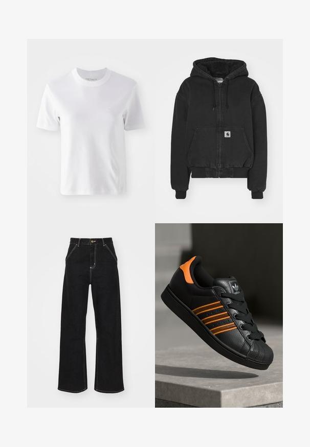 Carhartt WIP ACTIVE JACKET - Bomber Jacket - black stone washed; White cotton short-sleeve T-shirt featuring a crew neck and a small embroidered logo on the chest, smooth texture, and simple design.; Black wide-leg jeans made of denim, featuring contrasting white stitching and a front button closure, with two angled front pockets.; Black sneaker with orange accents, three horizontal stripes, textured leather upper, rubber toe cap, and black laces.