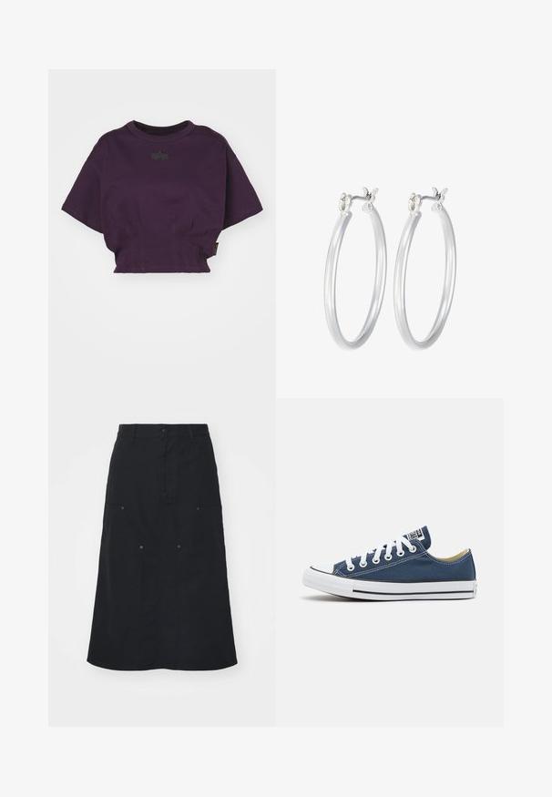 Carhartt WIP ACTIVE JACKET - Bomber-jakk - black stone washed; Alpha Industries Trükipildiga T-särk - plum; Must have kokk, mis on valmistatud puuvillast, esipaneelil nuppudega sulgemine, kaks suurt taskud ja sirge siluett. Sujuv tekstuur.; Tumesinised kanvasjalatsid valge silmade ja paeltega, millel on valge kummist varbakiirus ja must triibuline jooneäär. ; Hõbedased rõngaskõrvarõngad, millel on sile, läikiv viimistlus. Ümmargune kuju ja turvaline klõpsulatus. Kerge disain, sobib igapäevaseks kandmiseks.