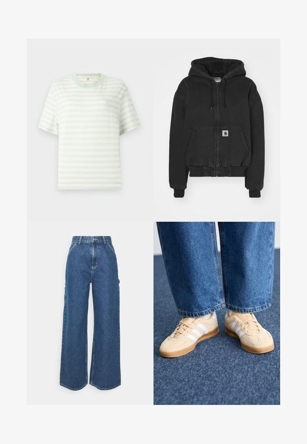 Carhartt WIP ACTIVE JACKET - Bombera - black stone washed; Biely tričko s krátkym rukávom a okrúhlym výstrihom, s jemnými svetlozelenými horizontálnymi pruhmi, s malým logom v ľavom hornom rohu. Mäkka tkanina.; Dlhé modré džínsy so širokými nohavicami a vysokým pásom, s kontrastným prešívaním a bočnými vreckami, s klasickým dizajnom piatich vreciek a surovými lemami.; Béžové semišové tenisky s bielymi pruhmi, gumovou podrážkou a okrúhlou špičkou. Skombinované s voľnými džínsami, ktoré ukazujú rovný strih a modrú látku.