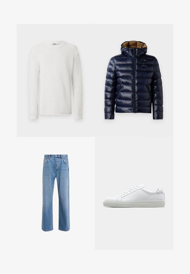Marineblaue Puffjacke mit glänzender Oberfläche, ausgestattet mit einer Kapuze, einem Reißverschluss vorne und seitlichen Taschen. Innen mit braunem, gestepptem Futter ausgekleidet.; Langärmliger weißer Pullover aus strukturiertem Meshstoff mit Rundhalsausschnitt und gerippten Bündchen. Einfaches und leichtes Design.; Helle blaue Jeans im Geradeschnitt-Design, mit fünf Taschen, Knopfverschluss, minimaler Ausbleichung und kontrastierenden Nähdetails.; Weißer Sneaker mit glattem Lederobermaterial und niedrigem Profil. Verfügt über eine runde Zehenpartie, sechs Ösen und eine strukturierte Gummisohle.
