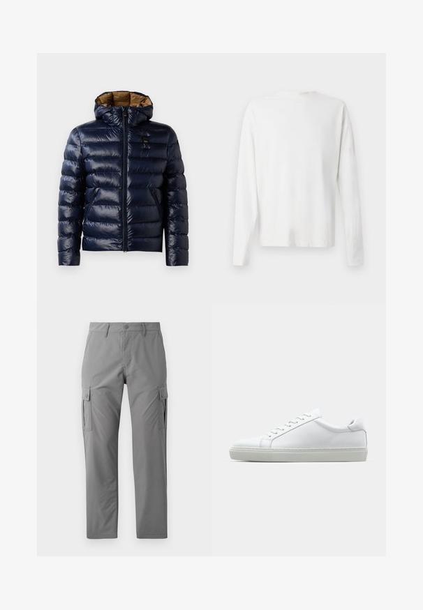 Marineblå puffjakke med glanset overflate, med hette, glidelås foran og sidelommer. Innvendig fôret med brun quiltet tekstur.; Langermet hvit bomullsskjorte med rund hals, sidespalter nederst og en jevn tekstur, vist fra baksiden.; Jack & Jones JPSTKARL KURTIS SNAP TECH - Cargobukse - castle rock; Hvit sneakers med en glatt skinnoverdel og lav profil. Har en rund tå, seks snøring hull, og en teksturert gummisåle.