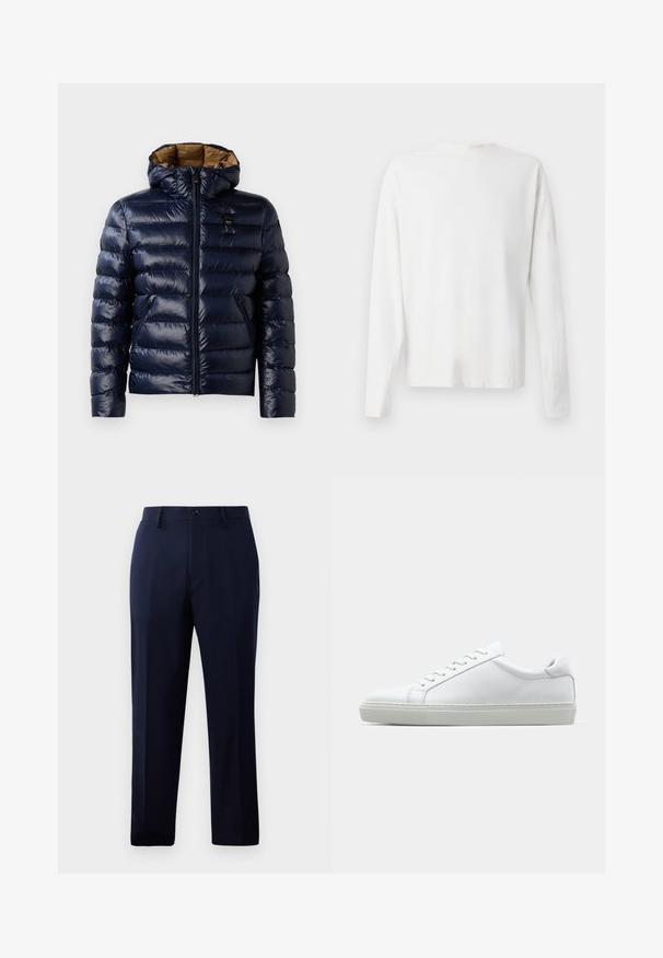 Mornarsko modra puffer jakna z leskasto končno obdelavo, ki ima kapuco, zadrgo spredaj in stranske žepke. Notranjost je obložena v rjavi barvi s kvadratnim teksturo.; Bela bombažna srajca z dolgimi rokavi in okroglo ovratnikom, z bočnimi razporki na dnu in gladko teksturo, prikazana s hrbtne strani.; Morske hlače iz gladkega materiala, s klasičnim krojem pravih nog, sprednjimi žepi in gumbom za zapiranje v pasu.; Bela športna obutev z gladkim usnjenim zgornjim delom in nizkim profilom. Ima zaokrožen nos, šest lukenj za vezalke in teksturiran gumijast podplat.