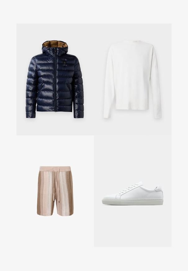 Námořnická puffer bunda s lesklým povrchem, se kapucí, zipem vpředu a bočními kapsami. Vnitřek je podšitý hnědou látkou s prošívanou strukturou.; Bílá bavlněná košile s dlouhým rukávem a kulatým výstřihem, s bočními rozparky na spodní části a hladkým povrchem, vystavená zezadu.; Béžové pletené plavky s horizontálními pruhy v světlejších odstínech, elastický pás s šňůrkou a texturovaná látka.; Bílé tenisky s hladkým koženým svrškem a nízkým profilem. Mají zaoblenou špičku, šest nýtů a texturovanou gumovou podrážku.