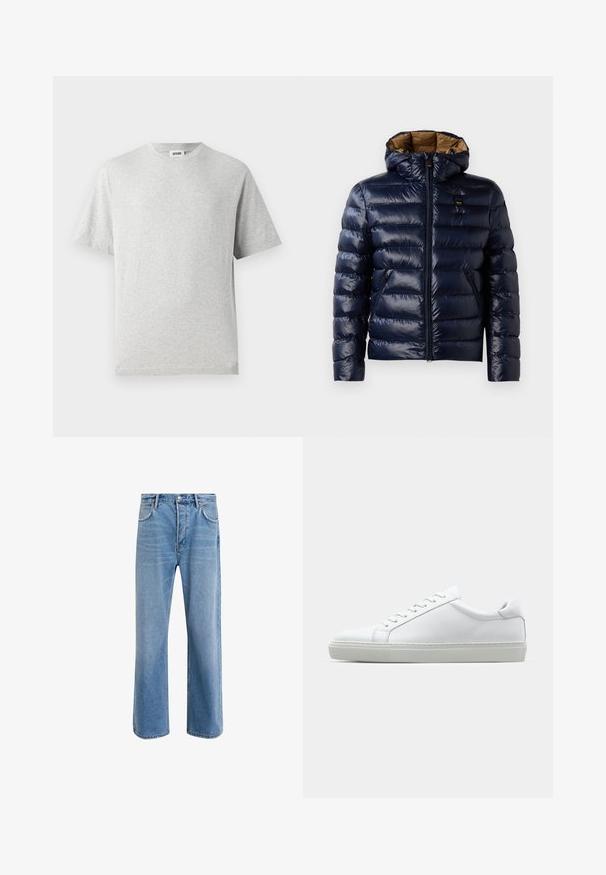 Námořnická puffer bunda s lesklým povrchem, se kapucí, zipem vpředu a bočními kapsami. Vnitřek je podšitý hnědou látkou s prošívanou strukturou.; Šedé tričko s krátkým rukávem vyrobené z měkké látky. Má kulatý výstřih, volný střih a žádné vzory ani loga. Hladká textura po celé ploše.; Světle modré džínové kalhoty s rovnými nohavicemi, pěti kapsami, zapínáním na knoflík, minimálním vyblednutím a kontrastním prošitím.; Bílé tenisky s hladkým koženým svrškem a nízkým profilem. Mají zaoblenou špičku, šest nýtů a texturovanou gumovou podrážku.