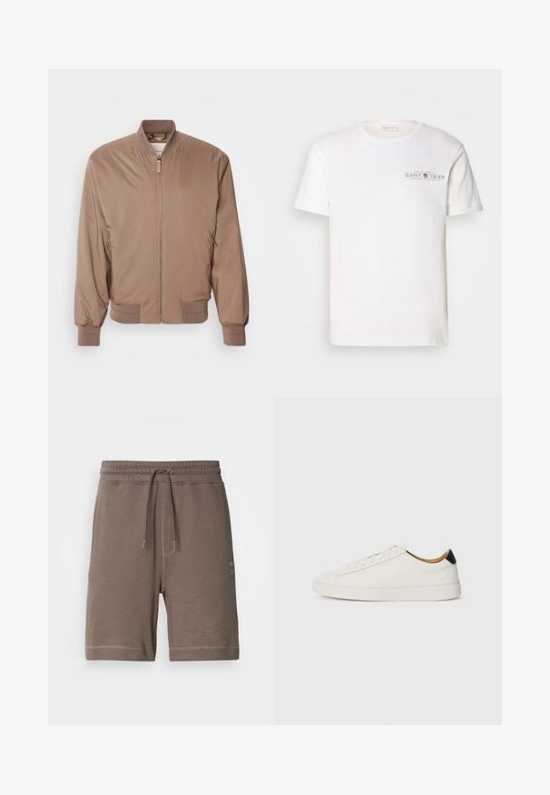 Veste aviateur marron avec fermeture éclair à l'avant, poignets et ourlet côtelés, et poches latérales. Fabriquée en matériau léger et lisse avec une finition mate.; T-shirt en coton blanc avec un col rond, des manches courtes et un logo imprimé. Présente un design minimaliste et une coupe décontractée.; Shorts en mélange de coton marron avec une taille élastique, un cordon de serrage ajustable et des poches latérales. Caractéristiques de couture contrastante et d'un patch logo.; Baskets blanches avec un cuir lisse, bout rond et semelle plate. Accent noir au niveau du talon, avec des lacets ton sur ton et un branding minimal.