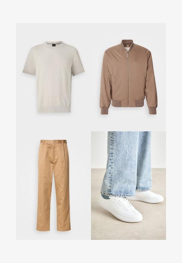 Pruun bomber-jakk, millel on lukuga eesmine osa, ribitud varrukad ja helkivad taskud. Valmistatud siledast, kergest materjalist, millel on mati viimistlusega pind.; Lühikeste varrukatega ümar kaelusega T-särk heleda beeži tekstuuriga kangast. Omab soonikkoes kaelust ja mansette koos peene kontrastselt ääretsemisega.; Khekilõngid, puuvilla segu, sirge jala disain, ees olevad voldid, vööloopid ja nupuga sulg. Sile tekstuur ilma mustriteta.; Valged spordijalatsid sileda materjaliga, nööridega mudel, tekstuurne kummitald ja türkiissinine aksent kandadel, koos heledate siniste teksadega.