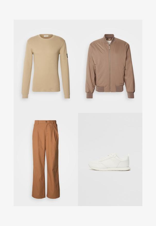 Brun bomberjacka med dragkedja framtill, ribbade muddiga ärmar och nederkant samt sidofickor. Tillverkad av ett slätt, lätt material med matt yta.; Långärmad, beige t-shirt i strukturerad tyg, med rund hals och åtsittande muddar. Inkluderar en liten svart logo på ärmen.; Vida byxor i ett varmt brunt tyg, med knäppning framtill, subtila veck och rak skärning för en avslappnad passform.; Vita sneakers med ett överdel i mesh och syntetmaterial, rund tå, platta snörning, och ett texturerat sidostreck. Gummisula med en dragflik bak.