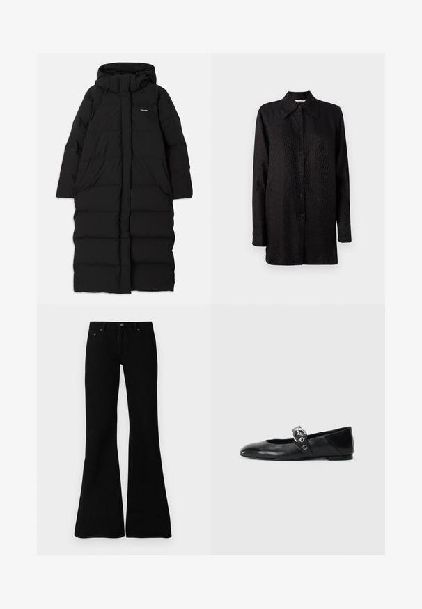 Melna garā pūkainā jaka ar kapuci, ar izšūtu dizainu, lielām priekšējām kabatām un centrālo rāvējslēdzēja aizdari. Vienkārša auduma, bez rakstiem.; Melnā pogām aiz pogu krekla, kas izgatavots no gludas auduma, ar smalku tekstūru, norādītu apkakli un garām piedurknēm.; Melnas izsistās džinsus, kas izgatavoti no džinsa auduma, ar klasisku piecu kabatu dizainu, pogu aizdari un smalkiem šuvju izšuvumiem gar vīlēm.; Melnas ādas baleta kurpes ar smailu purngalu, ar siksniņu ar apaļu metāla sprādzi un platu zoli.