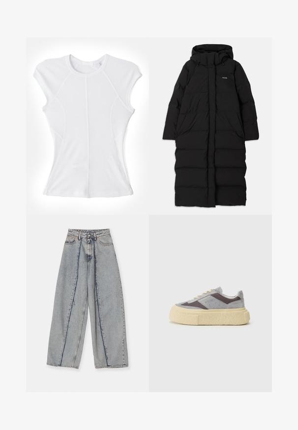 Gabardina larga negra con capucha, con un diseño acolchado, grandes bolsillos frontales y un cierre central de cremallera. Tejido liso sin patrones.; Helmut Lang Camiseta básica - optic white; Vaqueros de pierna ancha en azul claro con bordes deshilachados, una cintura alta y costuras en contraste. Hechos de denim, presentan un ajuste relajado y un desgaste mínimo.; Zapatillas de ante gris con paneles de malla, suela crema y puntera redondeada. Presentan cordones beige y perforaciones sutiles en los laterales.