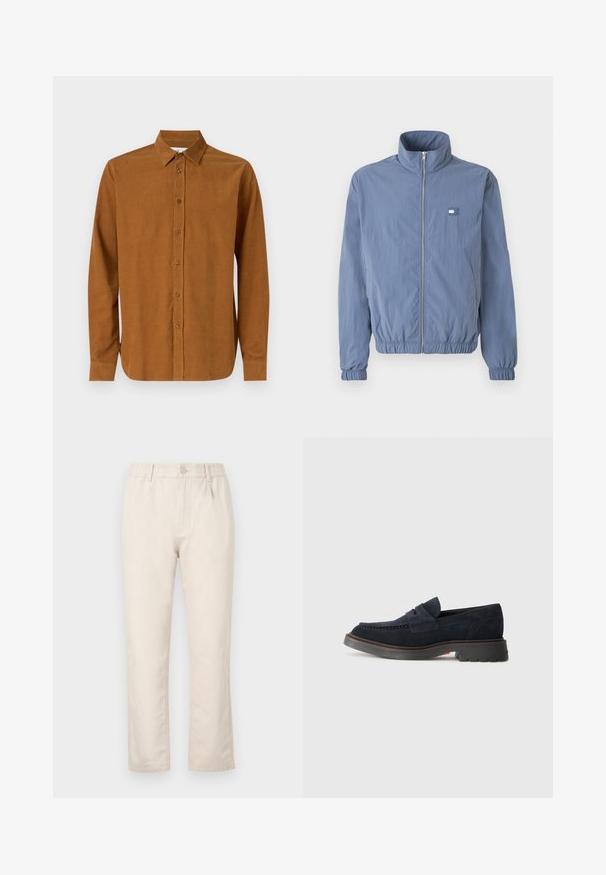 Helehall sinine, tõmblukuga jakk kõrge kraega, elastsete mansettide ja vöökohtadega. Vasakul rinnal on väike logomärk.; Pruun pikaa varrukat ning nööpidega särg, mis on valmistatud siledast kangast, klassikalise kraega ning seitse esist nööpi, otsekui mansettidega varrukad.; Beežist puuvillasegu püksid, millel on elastne vöökoht, nööpkinne, sirge lõige ja peen tekstuur ilma nähtavate mustriteta.; Tumed sinine nahast loafers ümmarguse varbaga, dekoratiivse õmblusega ja kummist tallaga, millel on kerge tõus. Vastupidav materjal ja disain.