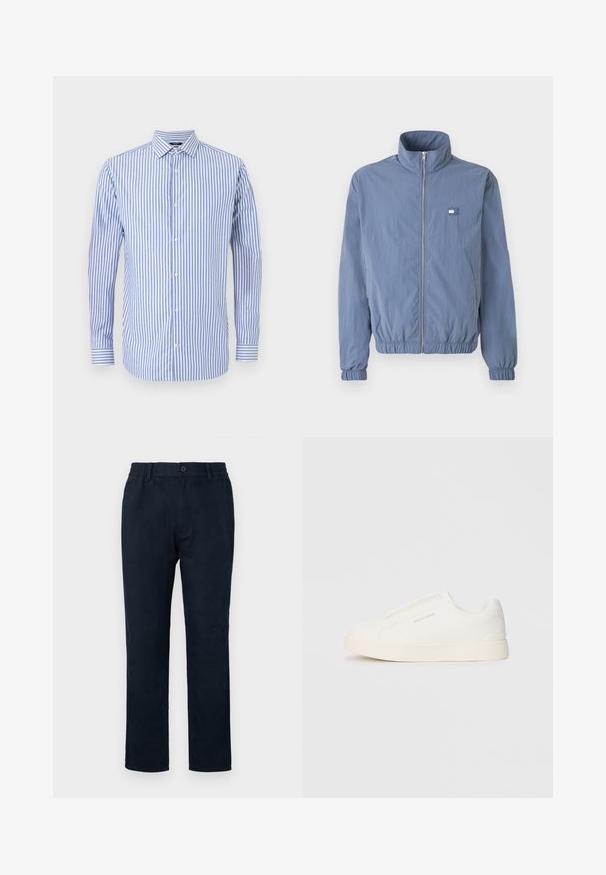 Világoskék, cipzáras dzseki magas gallérral, rugalmas mandzsettákkal és derékpánttal. Bal mellen egy kis logós hímzés található.; Kék és fehér csíkos gombos ing, gallérral, hosszú ujjal és egyenes aljjal. Puha anyagból készült klasszikus fazon.; Tengerészkék chino nadrág, elasztikus derékkal, elülső gombos záródással és egyenes lábbetétekkel. Simító textúra, látható minták nélkül.; Fehér slip-on sportcipők texturált felülettel, vastag talppal és minimalista dizájnnal. Az oldalon a márka logója található.