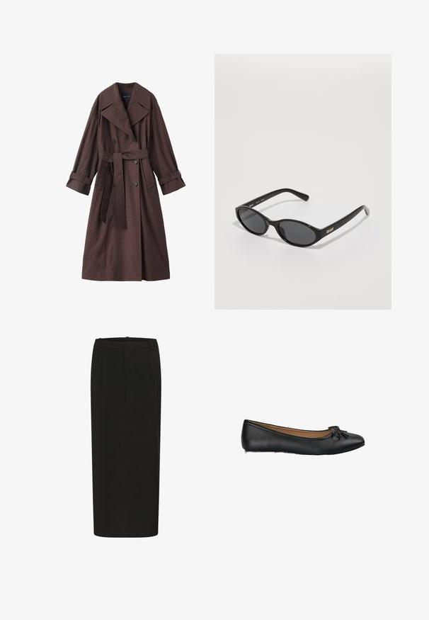 Bruine trenchcoat met een gestructureerde afwerking, dubbelrijks ontwerp, brede kraag, ceintuur in de taille en opgerolde manchetten.; Witte cropped trui met lange pofmouwen, geribde manchetten en een brede halslijn, gemaakt van zacht, lichtgewicht materiaal.; Zwarte kokerrok met een rechte silhouet, gemaakt van stevig weefsel, met voorplooien en een lage tailleband. Geen zichtbare sluitingen.; Zwarte leren balletschoenen met een ronde neus en een klein strikje aan de voorkant. Soepele textuur en een vlakke zool.; Zwarte zonnebril met ronde lenzen, glanzend plastic frame en het "QUAY"-logo in goud aan de zijkant. Beschikt over donkergetinte lenzen.; Zwarte leren handtas met een rechthoekige vorm, een gladde textuur, twee handvatten en zilveren hardwareaccenten. Voorzien van een ritsluiting en stikseldetails.