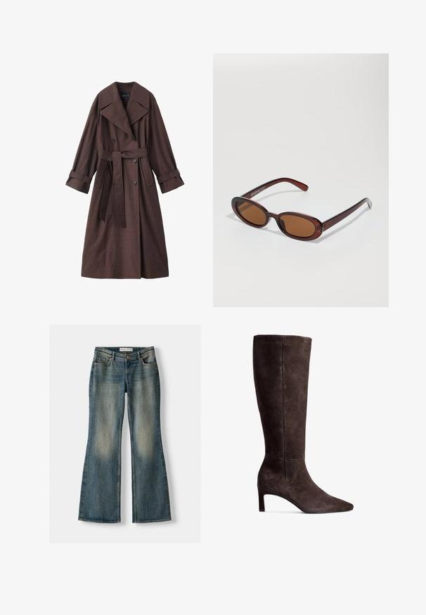 Ruskea trench-takki, jossa on teksturoitu pinta, kaksoisnapitus, leveä kaulus, vyötäröllä oleva vyö ja käärityt hihat.; Ruskea ylisuuri huppari, joka on valmistettu puuvillasekoitekankaasta. Siinä on suuri huppu, etutasku ja ribbireunat. Sujuva pinta ja minimaalinen muotoilu.; Siniset leveälahkeiset farkut, joissa on haalistunut pesu, viisi taskua ja nappikiinnitys. Materiaalissa on farkkukangas, jossa on hienovaraisia ompeluyksityiskohtia.; Ruskista nahasta valmistetut polvipituiset saappaat, jossa on terävä kärki ja 3 tuuman korkeus. Suora pinta, sulavalinjainen muotoilu ja minimalistinen tyyli.; Pyöreät, ruskehtavat aurinkolasit, joissa on kiiltävä burgundinpunainen runko. Kapeat sivut, joissa on hienovarainen brändäys. Litteät linssit.; Ruskea mokkavuori hobo-laukku, jossa on löysä muoto, kaareva yläkahva ja kolmiosaiset paneelit etu- ja takapuolella.