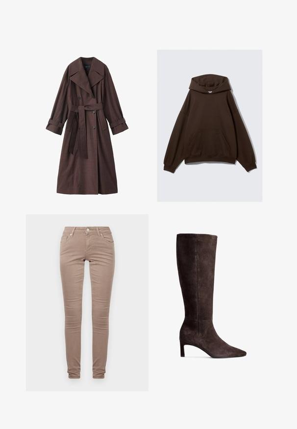 Brown trench coat with a textured finish, double-breasted design, wide collar, belted waist, and rolled cuffs.; Brown oversized hoodie made of cotton blend fabric, featuring a large hood, front pocket, and ribbed cuffs. Smooth texture with minimal design.; Skinny trousers in a light brown fabric, featuring a classic five-pocket design, zip fly, and a subtle textured finish.; Brown suede knee-high boot with a pointed toe and 3-inch heel. Smooth texture, sleek silhouette, and minimalistic design.