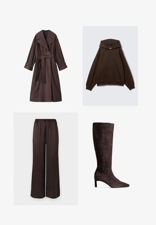 Rjava trench plašč z teksturirano površino, dvojnim zapenjanjem, širokim ovratnikom, pasom in zavihanimi manšetami.; Rjava oversized kapica iz mešanice bombaža, z veliko kapuco, sprednjim žepom in rebrastimi manšetami. Gladka tekstura z minimalnim dizajnom.; Črne široke hlače z ravnimi hlačnicami iz gladkega materiala z elastičnim pasom in vrvico za zavezovanje. Imajo ohlapen in tekoč dizajn.; Rjave zamšaste čezkolenske škornje s koničastim nosom in 3-palčnim peto. Gladka tekstura, elegantna silhueta in minimalističen dizajn.
