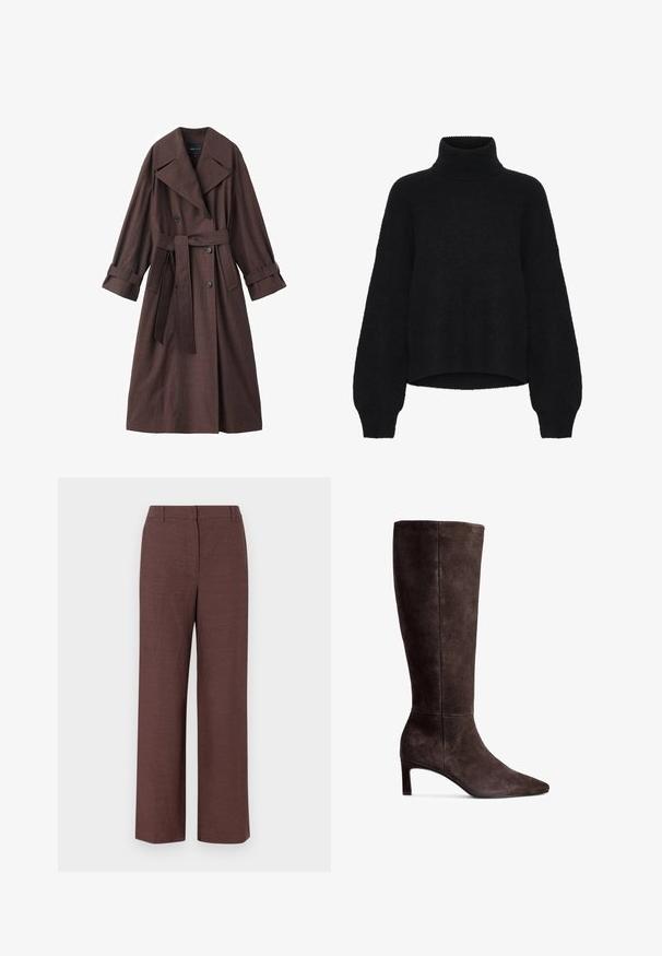 Brown trench coat with a textured finish, double-breasted design, wide collar, belted waist, and rolled cuffs.; Black turtleneck sweater with a cropped design, made from fluffy fabric. Features wide sleeves and a ribbed texture at the collar.; Brown wide-leg trousers made of textured fabric with a smooth finish, featuring a flat front, belt loops, and side pockets.; Brown suede knee-high boot with a pointed toe and 3-inch heel. Smooth texture, sleek silhouette, and minimalistic design.