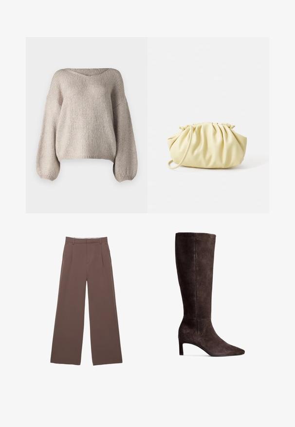 Brauner Trenchcoat mit strukturierter Oberfläche, doppelreihigem Design, breitem Kragen, Taillengürtel und hochgekrempelten Ärmelenden.; Beige Strickpullover mit weit ausgeschnittenem V-Ausschnitt, langen Ballonärmeln und einem cropped Saum. Die Textur ist grob und weich und weist ein schlichtes Design auf.; Weite Hosen aus einfarbigem braunem Stoff, mit einer glatten Textur, vorderen Falten und einem maßgeschneiderten Bund. Keine sichtbaren Logos oder Muster.; Braune Wildlederkniehohe Stiefel mit spitzer Zehe und 7,5 cm hohem Absatz. Glatte Textur, elegante Silhouette und minimalistisches Design.; Gelbe, gefaltete Handtasche aus glattem Kunstleder mit weicher Form, einzigem Schulterriemen und gerafftem Oberteil.