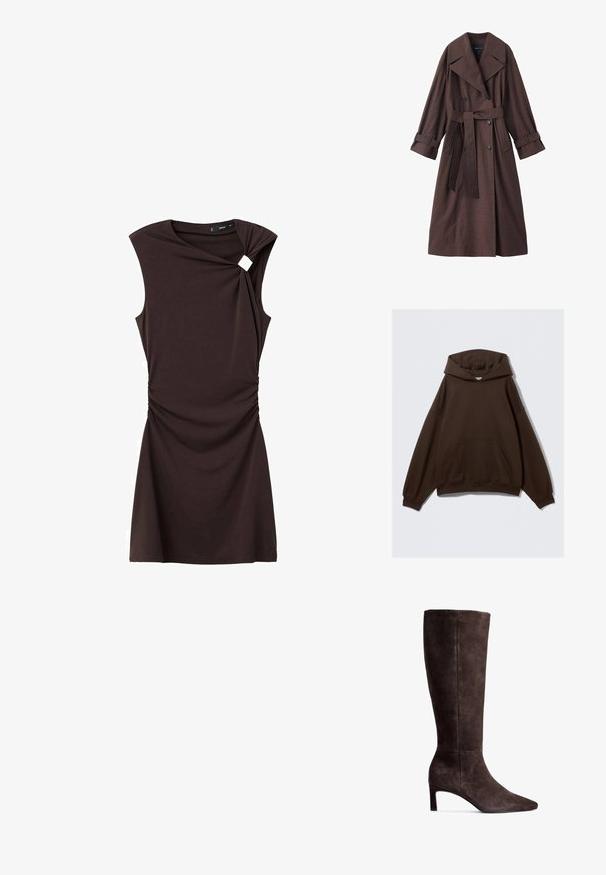 Brown trench coat with a textured finish, double-breasted design, wide collar, belted waist, and rolled cuffs.; Brown oversized hoodie made of cotton blend fabric, featuring a large hood, front pocket, and ribbed cuffs. Smooth texture with minimal design.; Brown dress with short sleeves, featuring a twisted design at the shoulder and ruching at the waist, made from a smooth, stretch fabric.; Brown suede knee-high boot with a pointed toe and 3-inch heel. Smooth texture, sleek silhouette, and minimalistic design.; Brown suede crossbody bag with a textured finish, a gold chain accent, and an adjustable leather strap. Features a zip closure.