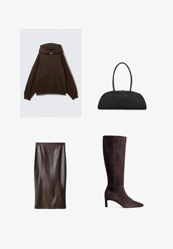 Brown trench coat with a textured finish, double-breasted design, wide collar, belted waist, and rolled cuffs.; Brown oversized hoodie made of cotton blend fabric, featuring a large hood, front pocket, and ribbed cuffs. Smooth texture with minimal design.; Brown leather pencil skirt with a smooth texture, knee-length, featuring vertical seams for design. No additional hardware or accents.; Brown suede knee-high boot with a pointed toe and 3-inch heel. Smooth texture, sleek silhouette, and minimalistic design.; Black leather handbag with a curved design, two long handles, and silver hardware. Smooth texture with no visible patterns or accents.