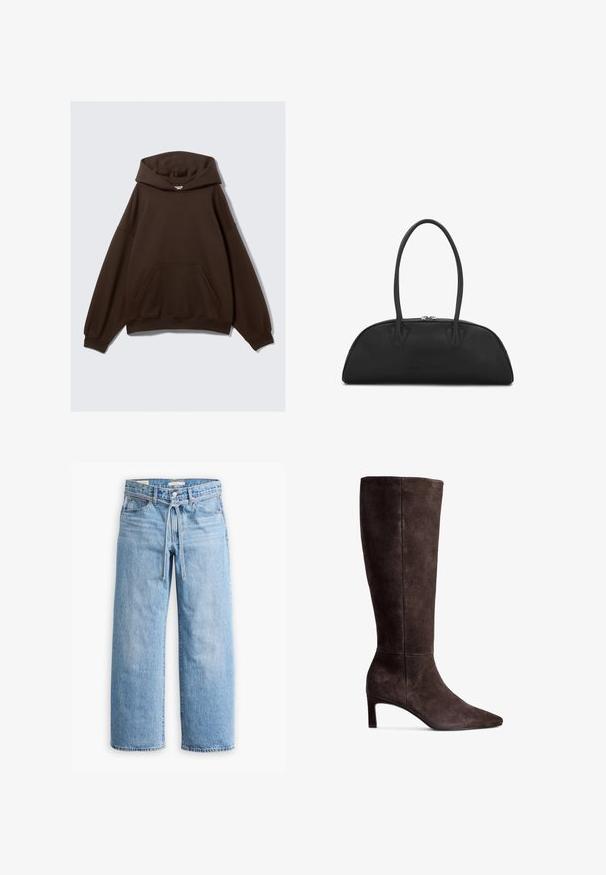 Ruskea trench-takki, jossa on teksturoitu pinta, kaksoisnapitus, leveä kaulus, vyötäröllä oleva vyö ja käärityt hihat.; Ruskea ylisuuri huppari, joka on valmistettu puuvillasekoitekankaasta. Siinä on suuri huppu, etutasku ja ribbireunat. Sujuva pinta ja minimaalinen muotoilu.; Vaaleansiniset farkut leveillä lahkeilla, joissa on korkea vyötärö, nappi- ja vetoketjukiinnitys sekä narutasku vyötäröllä. Raaka helma.; Ruskista nahasta valmistetut polvipituiset saappaat, jossa on terävä kärki ja 3 tuuman korkeus. Suora pinta, sulavalinjainen muotoilu ja minimalistinen tyyli.; Musta nahkainen käsilaukku, jossa on kaareva muotoilu, kaksi pitkää kahvaa ja hopeiset kuihukset. Suora pinta ilman näkyviä kuvioita tai korostuksia.