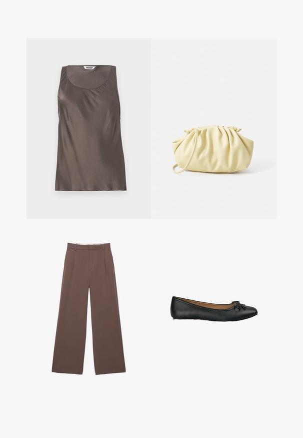 Brauner Trenchcoat mit strukturierter Oberfläche, doppelreihigem Design, breitem Kragen, Taillengürtel und hochgekrempelten Ärmelenden.; Braunes Satin-Top ohne Ärmel mit rundem Ausschnitt und sanfter Drapierung an den Seiten. Etikett innen sichtbar, das den Markennamen "WEEKDAY" zeigt.; Weite Hosen aus einfarbigem braunem Stoff, mit einer glatten Textur, vorderen Falten und einem maßgeschneiderten Bund. Keine sichtbaren Logos oder Muster.; Schwarze Leder-Ballerinas mit einer runden Zehenform und einem kleinen Schleifendetail auf der Vorderseite. Glatte Textur und flache Sohle.; Gelbe, gefaltete Handtasche aus glattem Kunstleder mit weicher Form, einzigem Schulterriemen und gerafftem Oberteil.