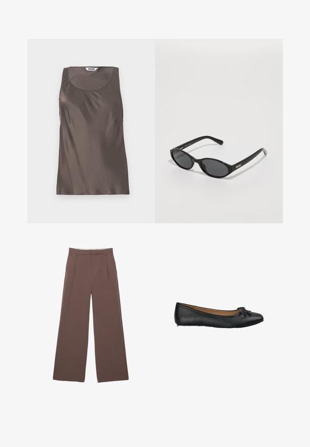 Cappotto trench marrone con una finitura testurizzata, design doppiopetto, colletto ampio, vita cintata e polsini arrotolati.; Top senza maniche in satin marrone con scollatura rotonda e morbida drappeggiatura sui lati. Etichetta visibile all'interno con il nome del marchio "WEEKDAY."; Pantaloni a gamba larga in tessuto marrone uniforme, con una trama liscia, pieghe frontali e una vita su misura. Senza loghi o motivi visibili.; Ballet flat in pelle nera con punta arrotondata e un piccolo fiocco sulla parte anteriore. Texture liscia e design con suola piatta.; Occhiali da sole neri con lenti tonde, montatura in plastica lucida e logo "QUAY" in oro sul lato. Presentano lenti scure.; Borsa plissettata gialla in morbida pelle ecologica, con una forma morbida, una sola tracolla e un design superiore arricciato.