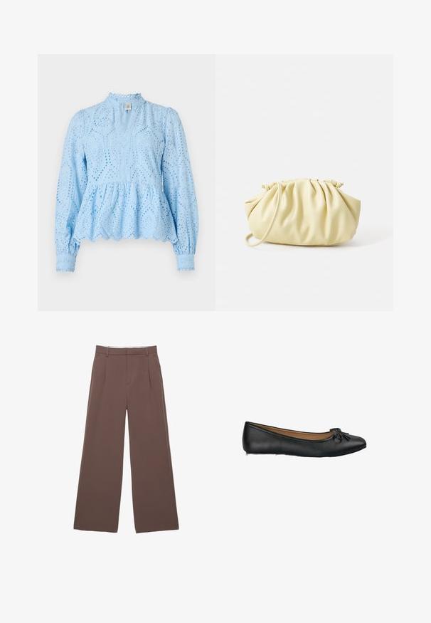 Cappotto trench marrone con una finitura testurizzata, design doppiopetto, colletto ampio, vita cintata e polsini arrotolati.; Blusa peplum azzurro chiaro con intricati motivi a occhio di pernice, scollo alto e maniche lunghe a sbuffo, caratterizzata da bordi scallop e tessuto testurizzato.; Pantaloni a gamba larga in tessuto marrone uniforme, con una trama liscia, pieghe frontali e una vita su misura. Senza loghi o motivi visibili.; Ballet flat in pelle nera con punta arrotondata e un piccolo fiocco sulla parte anteriore. Texture liscia e design con suola piatta.; Borsa plissettata gialla in morbida pelle ecologica, con una forma morbida, una sola tracolla e un design superiore arricciato.