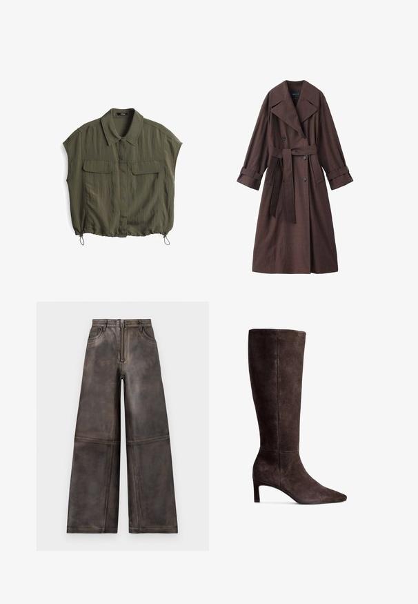 Brauner Trenchcoat mit strukturierter Oberfläche, doppelreihigem Design, breitem Kragen, Taillengürtel und hochgekrempelten Ärmelenden.; Olivenfarbendes Kurzarmhemd mit Kragen, zwei Fronttaschen und verstellbarem Kordelzugsaum. Hergestellt aus leichtem, strapazierfähigem Gewebe.; Weite Lederhosen aus braunem Leder mit einer strukturierten Oberfläche, ausgestattet mit einem Reißverschluss vorne, Gürtelschlaufen und dezenten Seitentaschen.; Braune Wildlederkniehohe Stiefel mit spitzer Zehe und 7,5 cm hohem Absatz. Glatte Textur, elegante Silhouette und minimalistisches Design.