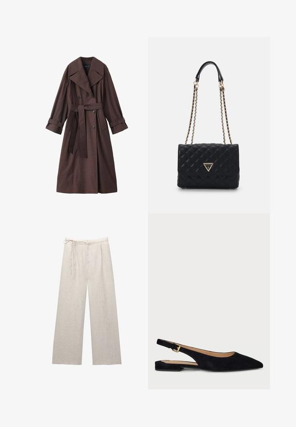 Hnědý trenčkot s texturovaným povrchem, dvouřadým zapínáním, širokým límcem, páskem v pase a ohrnutými rukávy.; Námořnická modrá bavlněná tričko s krátkými rukávy a kulatým výstřihem. Na levé straně hrudi je malé červené vyšívané logo.; Světlé béžové lněné kalhoty širokého střihu s vysokým pasem, záhyby a nastavitelnou šňůrkou. Hladká textura a čisté linie zvýrazňují design.; Černé semišové slingback baleríny s špičatou špičkou, minimalistickým designem, zlatou přezkou a nízkým podpatkem. Hladká textura a elegantní silueta.; Černá prošívaná kabelka se zlatým trojúhelníkovým logem, s dvojitou řetízkovou rukovětí a hladkým koženým povrchem. Obdélníkový tvar s klopou.