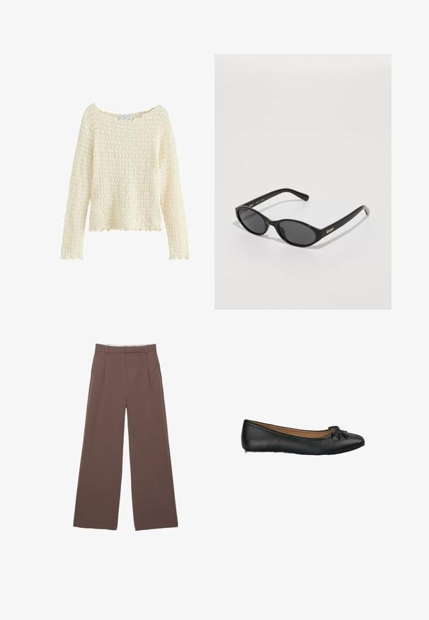 Brauner Trenchcoat mit strukturierter Oberfläche, doppelreihigem Design, breitem Kragen, Taillengürtel und hochgekrempelten Ärmelenden.; Texturierter cremfarbener Pullover mit langen Ärmeln und weitem Ausschnitt. Mit einem gestrickten Muster und einem wellenförmigen Saum. Aus weichem Material gefertigt.; Weite Hosen aus einfarbigem braunem Stoff, mit einer glatten Textur, vorderen Falten und einem maßgeschneiderten Bund. Keine sichtbaren Logos oder Muster.; Schwarze Leder-Ballerinas mit einer runden Zehenform und einem kleinen Schleifendetail auf der Vorderseite. Glatte Textur und flache Sohle.; Schwarze Sonnenbrille mit runden Gläsern, glänzender Kunststofffassung und goldfarbenem "QUAY"-Logo an der Seite. Mit dunkel getönten Gläsern.; Gelbe, gefaltete Handtasche aus glattem Kunstleder mit weicher Form, einzigem Schulterriemen und gerafftem Oberteil.