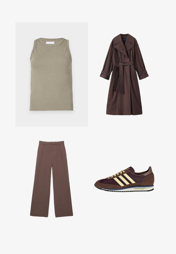 Brauner Trenchcoat mit strukturierter Oberfläche, doppelreihigem Design, breitem Kragen, Taillengürtel und hochgekrempelten Ärmelenden.; Geripptes Tanktop in Olivgrün mit rundem Halsausschnitt und ärmellosem Design. Hergestellt aus weichem, dehnbarem Material mit figurbetonter Passform.; Weite Hosen aus einfarbigem braunem Stoff, mit einer glatten Textur, vorderen Falten und einem maßgeschneiderten Bund. Keine sichtbaren Logos oder Muster.; Braune und burgunderfarbene Sneaker aus Wildleder und Mesh-Materialien, mit drei cremefarbenen Streifen, strukturiertem Stoff an der Zunge und einer Gummisohle.