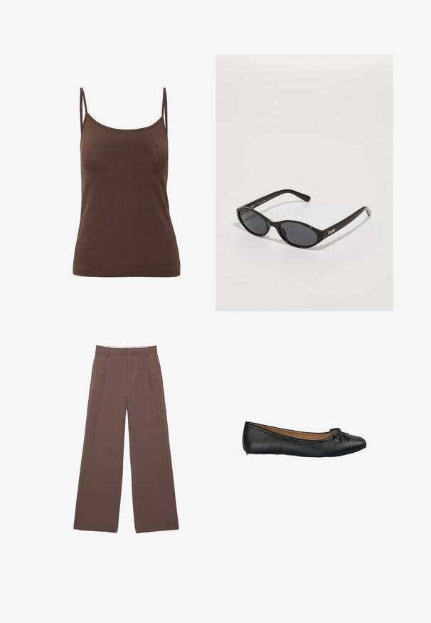 Bruine trenchcoat met een gestructureerde afwerking, dubbelrijks ontwerp, brede kraag, ceintuur in de taille en opgerolde manchetten.; Bruine, strakke camisole top van glad materiaal, met dunne bandjes en een ronde halslijn, en een naadloze zoom voor een nette afwerking.; Wijde broek in een effen bruine stof, met een zachte textuur, voorplooien en een op maat gemaakte tailleband. Geen zichtbare logo's of patronen.; Zwarte leren balletschoenen met een ronde neus en een klein strikje aan de voorkant. Soepele textuur en een vlakke zool.; Zwarte zonnebril met ronde lenzen, glanzend plastic frame en het "QUAY"-logo in goud aan de zijkant. Beschikt over donkergetinte lenzen.; Geel geplooide handtas van soepel nepleer, met een zachte vorm, een enkele schouderriem en een verzameld ontwerp aan de bovenkant.