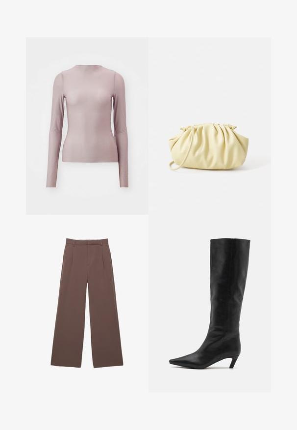 Hnedý trenčkot s textúrovaným povrchom, dvojradové zapínanie, široký golier, opasok v páse a zviazané manžety.; Dlhý rukáv top v svetlo fialovej farbe, vyrobený z priesvitnej tkaniny s priliehavým strihom. Má okrúhly výstrih a hladkú štruktúru.; Široké nohavice z pevnej hnedej látky s hladkou textúrou, prednými záhybmi a prispôsobeným pásom. Žiadne viditeľné logo ani vzory.; RAID FLAURA - Čižmy - black; Žltá skladaná kabelka vyrobená z hladkej eko kože, s jemným tvarom, jedným ramenným popruhom a zhrnutým vrchom.