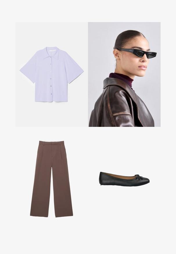 Brown trench coat with a textured finish, double-breasted design, wide collar, belted waist, and rolled cuffs.; Short-sleeve lavender shirt with a pointed collar, made of smooth fabric, featuring a button-up front and a boxy silhouette.; Wide-leg trousers in a solid brown fabric, featuring a smooth texture, front pleats, and a tailored waistband. No visible logos or patterns.; Black leather ballet flats with a rounded toe and a small bow detail on the front. Smooth texture and a flat sole design.; Black cat-eye sunglasses with logo on the temple, worn by a model in a brown leather jacket and purple turtleneck, indoors.; Yellow pleated handbag made of smooth faux leather, featuring a soft shape with a single shoulder strap and gathered top design.